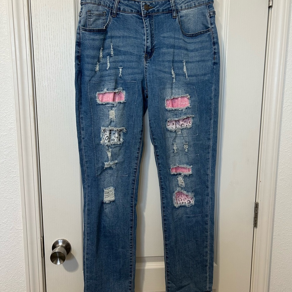 Women's Blue and Pink Distressed Jeans